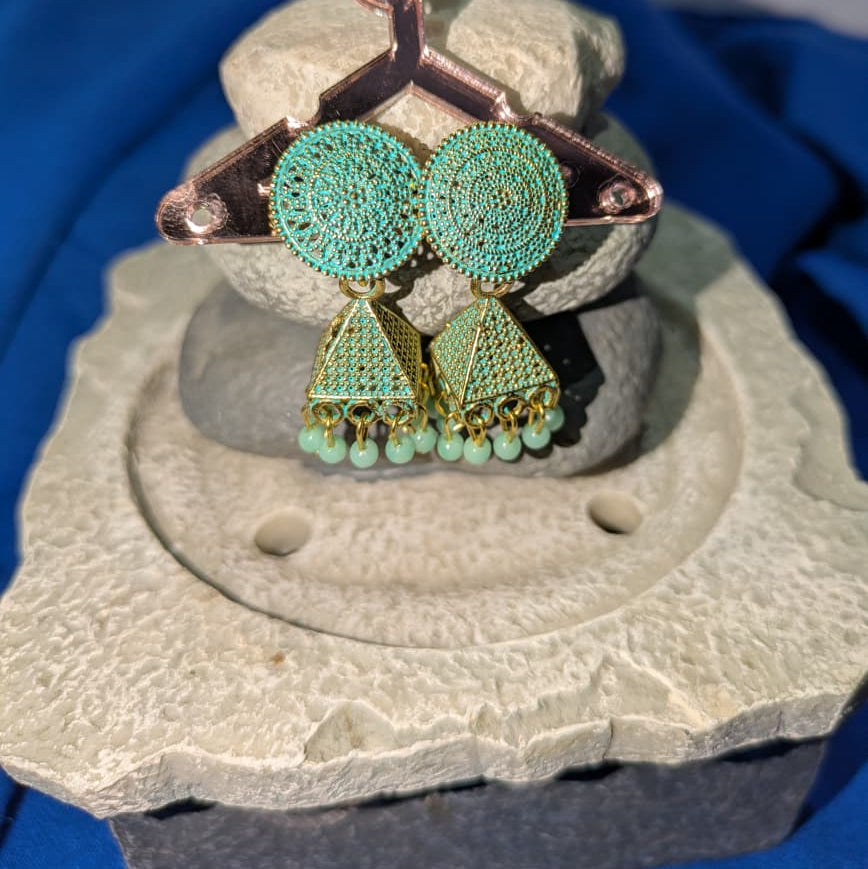 Turquoise Mint Green Geometric Jhumka Earrings