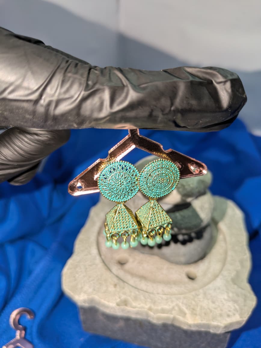 Turquoise Mint Green Geometric Jhumka Earrings