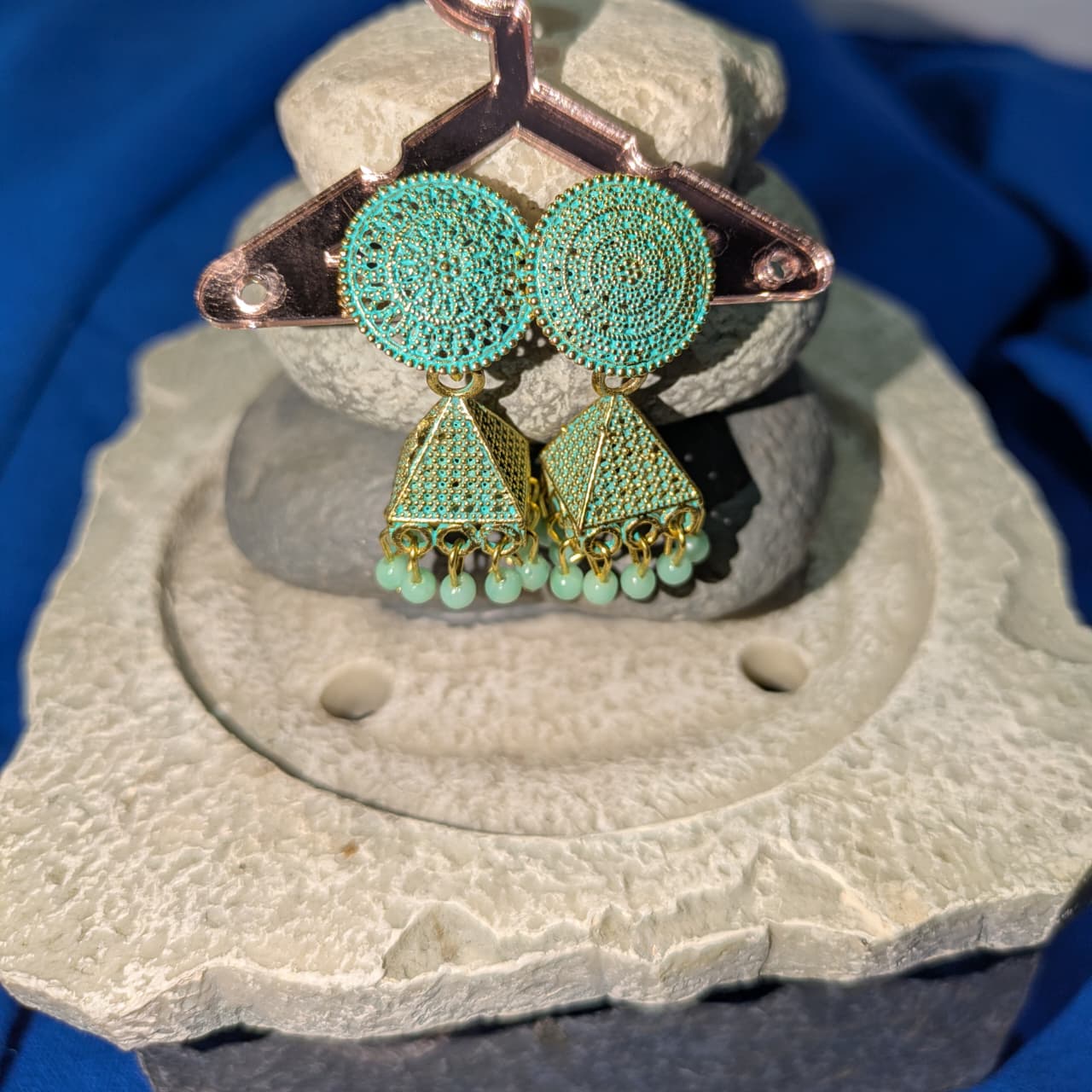 Turquoise Mint Green Geometric Jhumka Earrings