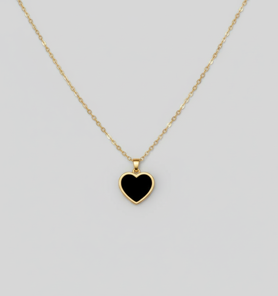 Gold Plated Necklace with Black Heart Pendant