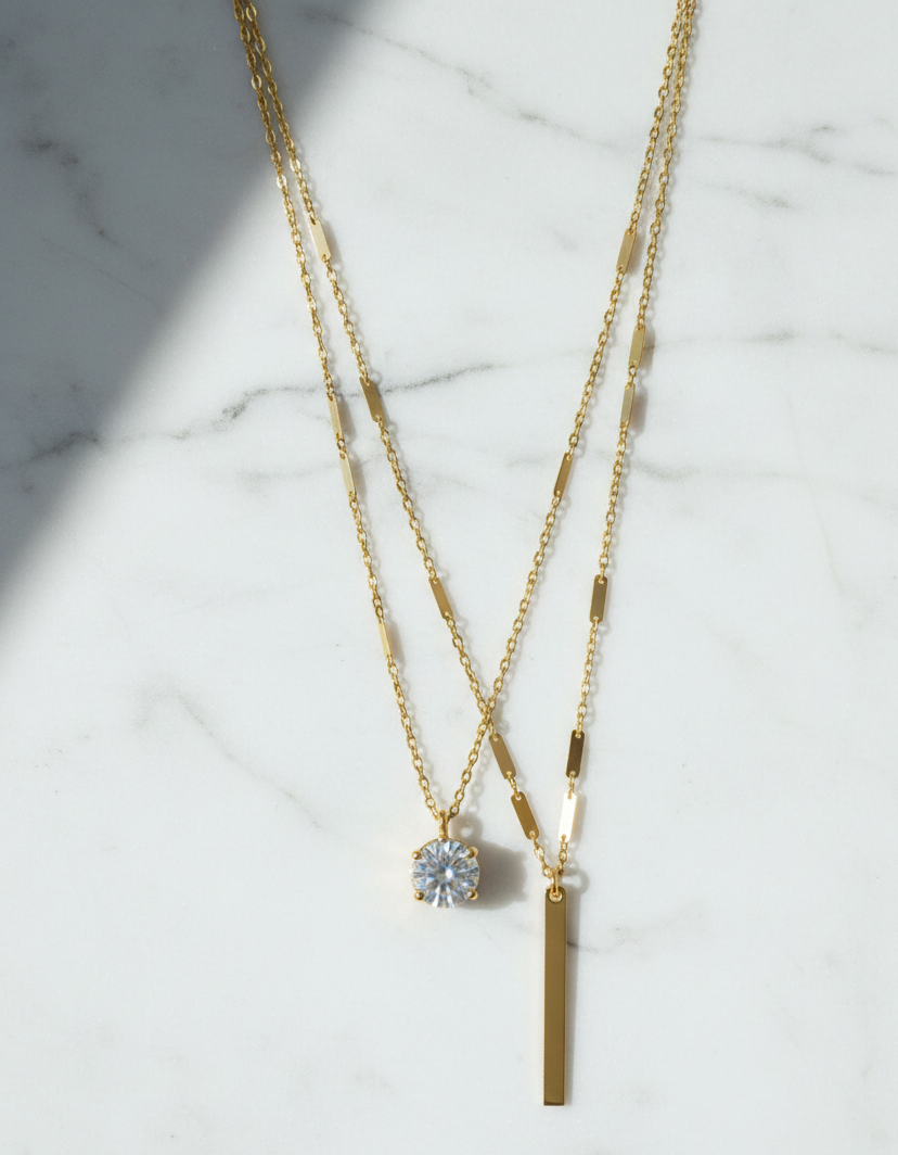 Layered Gold Plated Necklace with Crystal & Bar Pendant.