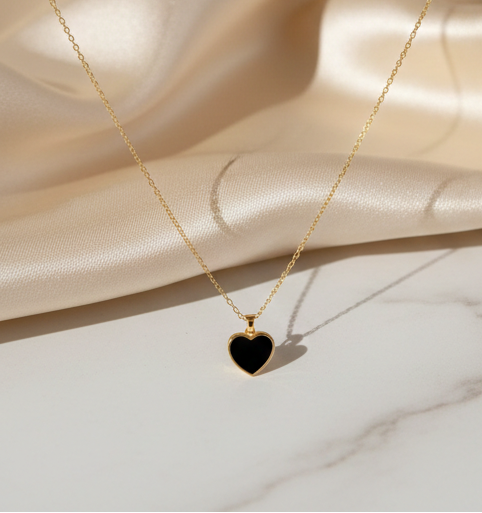 Gold Plated Necklace with Black Heart Pendant
