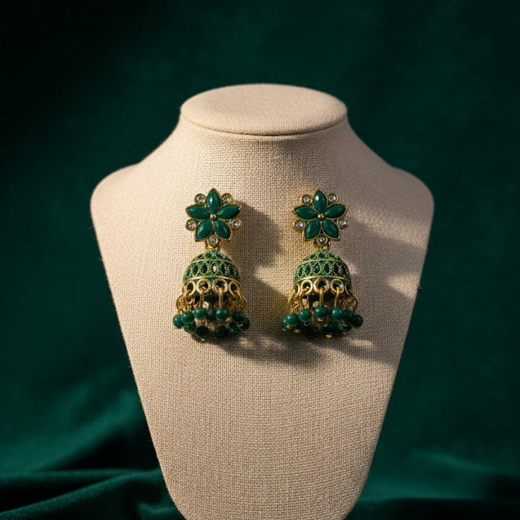 Elegant Green Floral Jhumka Earrings